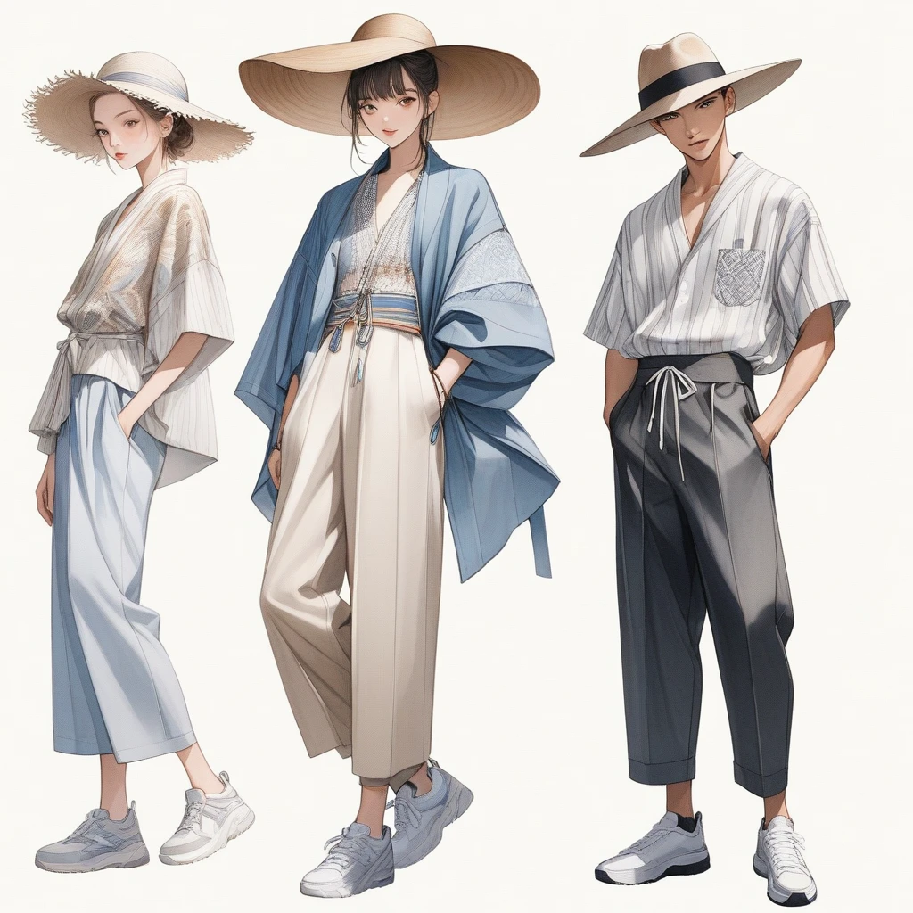 candid fashion illustration of young 2man and 1girl, aged 18-23 year old, tall and slender, Mixed race male super model, ((showcase fashion in a cotton outfits inspired by designer Christian Dior resort collection 2023)), in elegant modern Trible style with ((ethnic woven details)), natural Earth tone color. The 1st man wears an oversized shirt with Trible embroidery and lace details, paired with slim-fit Pants, semi hard bugle. The 2nd man complements him in a white lace shirt and patchwork Yukata, paired with big striped Drawstring short, side entry pockets and completes the look with white sneakers, glasses. the woman wearing a dress in cotton woven, ethnic pattern detail, frill-trimmed with lace, Her ensemble includes an accessorizes with a wide-brimmed straw hat, white sneakers. Captured all in a ((full-body pose)), ((simple water-color on white paper)), realistic pencil lines, imperfect drawing, charcoal lines detail, fading sketch, fashion Sketching, low angle view, (full body image)