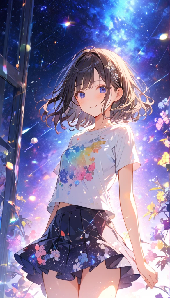高いquality illustration, masterpiece,
Very delicate and beautiful,
Attractive girl,(florals,A T-shirt with glittery embellishments,perfect mini skirt,dress),
thin,Slender body,slim,
Urban Background,
PRİNCESS, Beautiful Eyes,A light smile,(masterpiece, Highest quality:1.2),
High resolution, Very detailed CG Unity 8k wallpaper,
Perfect lighting, colorful, 超High resolution,4K,Very detailed,
photograph, 8k, High resolutionolution,
Model pose Subtle gradient effect Glitter effect,
Lens flare,
Space Background