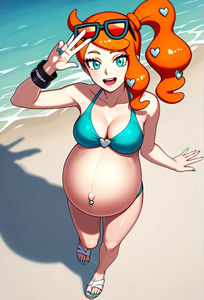 score_9, score_7_up BREAK solo,EPpkSonia,orange hair, side ponytail, aqua eyes, long hair, eyewear on head, sunglasses, heart hair ornament, aqua bikini, pregnant , big belly, Belly button piercing, cleavage, bracelet, collarbone, blue panties, nail polish, aqua nails, aqua toenails, Background beach, Posing, happy, White sandals, Rubbing belly, 