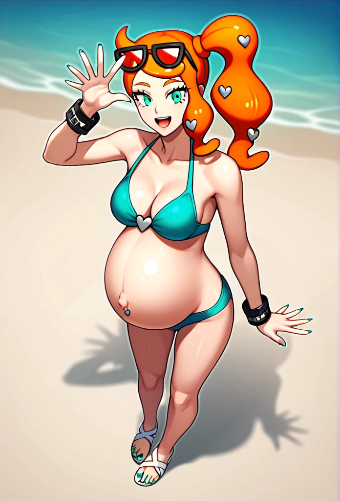 score_9, score_7_up BREAK solo,EPpkSonia,orange hair, side ponytail, aqua eyes, long hair, eyewear on head, sunglasses, heart hair ornament, aqua bikini, pregnant , big belly, Belly button piercing, cleavage, bracelet, collarbone, blue panties, nail polish, aqua nails, aqua toenails, Background beach, Posing, happy, White sandals, Rubbing belly,