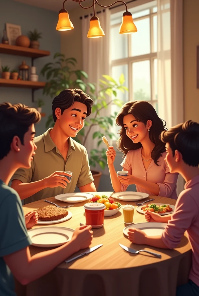 Family eating together at Father&#39;s Day table, next to the table there is a box of ice cream.