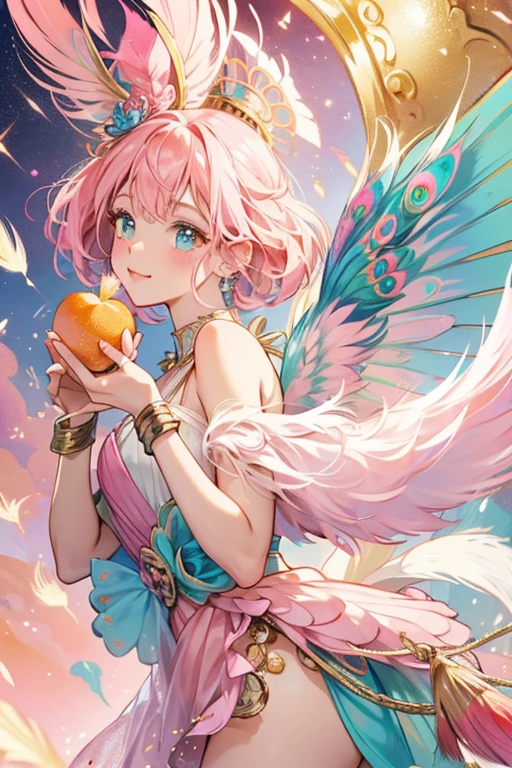 Plume is a pink girl peacock with light pink wings and head feathers, an orange beak and tail feathers with white, blue, and pink spots, and gold raindrop-shaped foil spots. SPARKLE; GLITTER