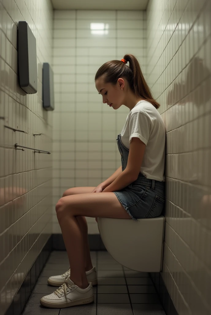 (A girl is urgently peeing on a urinal in the men’s restroom) (Realistic) ) sitting on on a urinal peeing