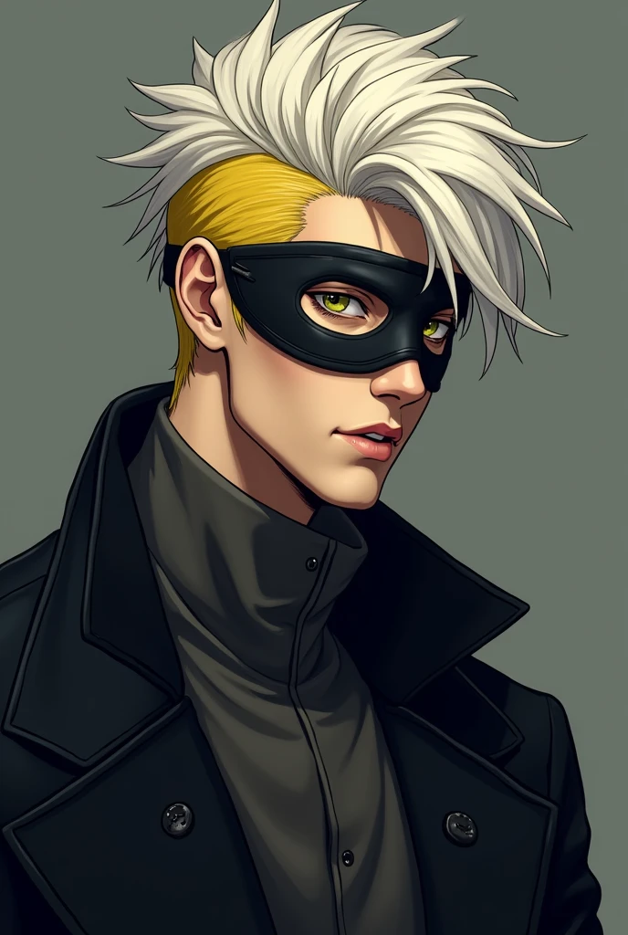 YELLOW AND WHITE HAIR, YOUNG SENSUAL MAN WITH EYE MASK AND BLACK JACKET