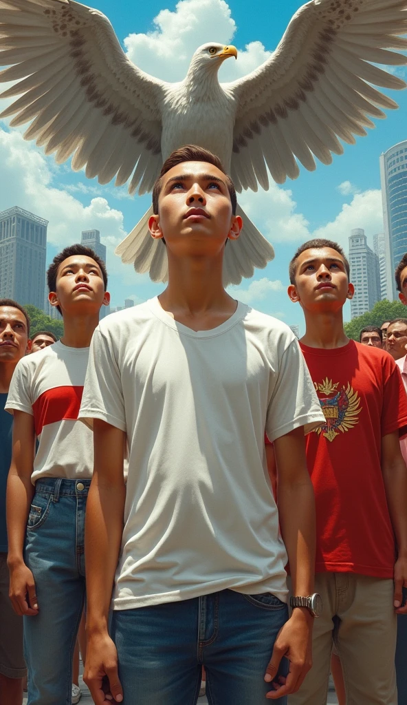 painting of Indonesian independence with the Garuda letter and heroes and the capital city of the archipelago, asian boy, handsome face even though he is bald, thin and the shortest in height compared to the otherswith, wearing white t-shirt and jeans, with the other look at the sky, hyperrealistic, detailed, 8K UHD Image