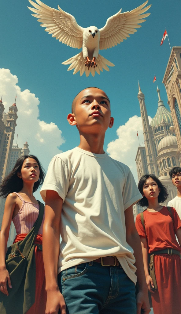 painting of Indonesian independence with the Garuda letter and heroes and the capital city of the archipelago, asian boy, handsome face even though he is bald, thin and the shortest in height compared to the otherswith, wearing white t-shirt and jeans, with the other look at the sky, hyperrealistic, detailed, 8K UHD Image