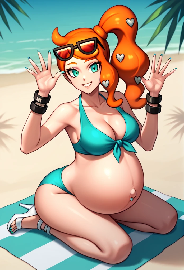 score_9, score_7_up BREAK solo,EPpkSonia,orange hair, side ponytail, aqua eyes, long hair, eyewear on head, sunglasses, heart hair ornament, aqua bikini, pregnant , big belly, Belly button piercing, cleavage, bracelet, collarbone, blue panties, nail polish, aqua nails, aqua toenails, Background beach, Posing, happy, White heels, Rubbing belly, 