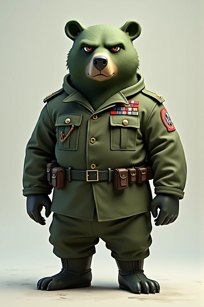 Flippy green military bear with a serious expression on his face