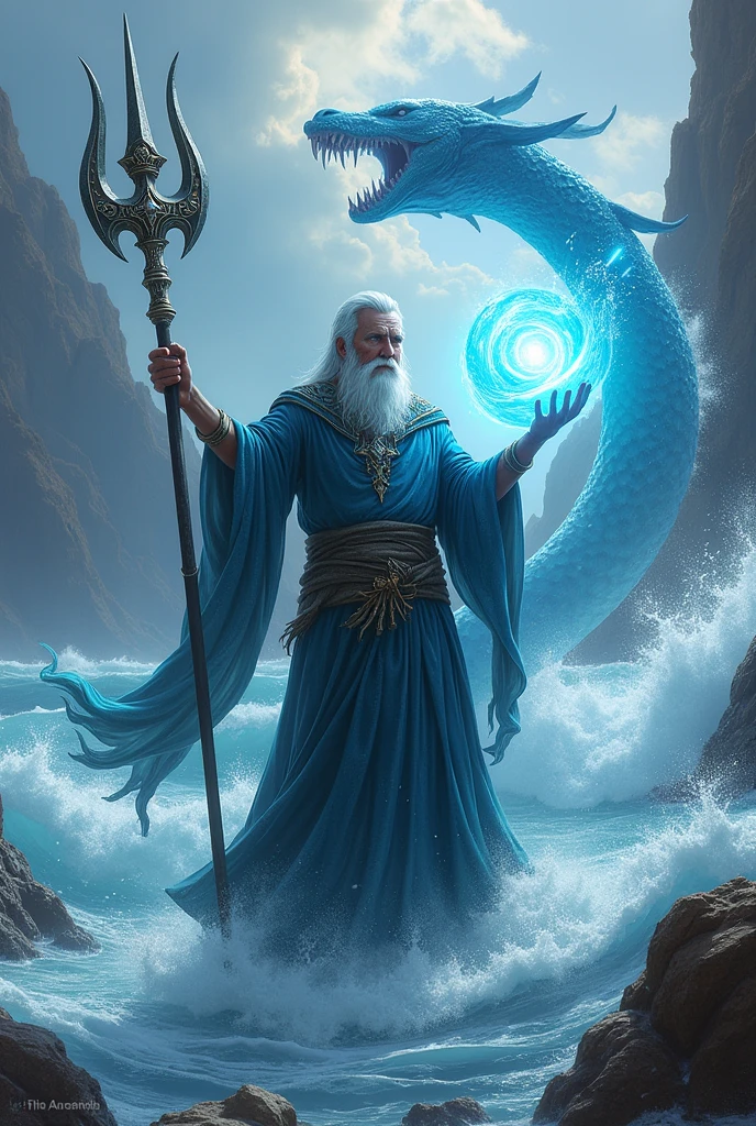 Water Mage wielding a trident conjures a ball of water on his hands, controlling the tides of the sea and with a sea serpent