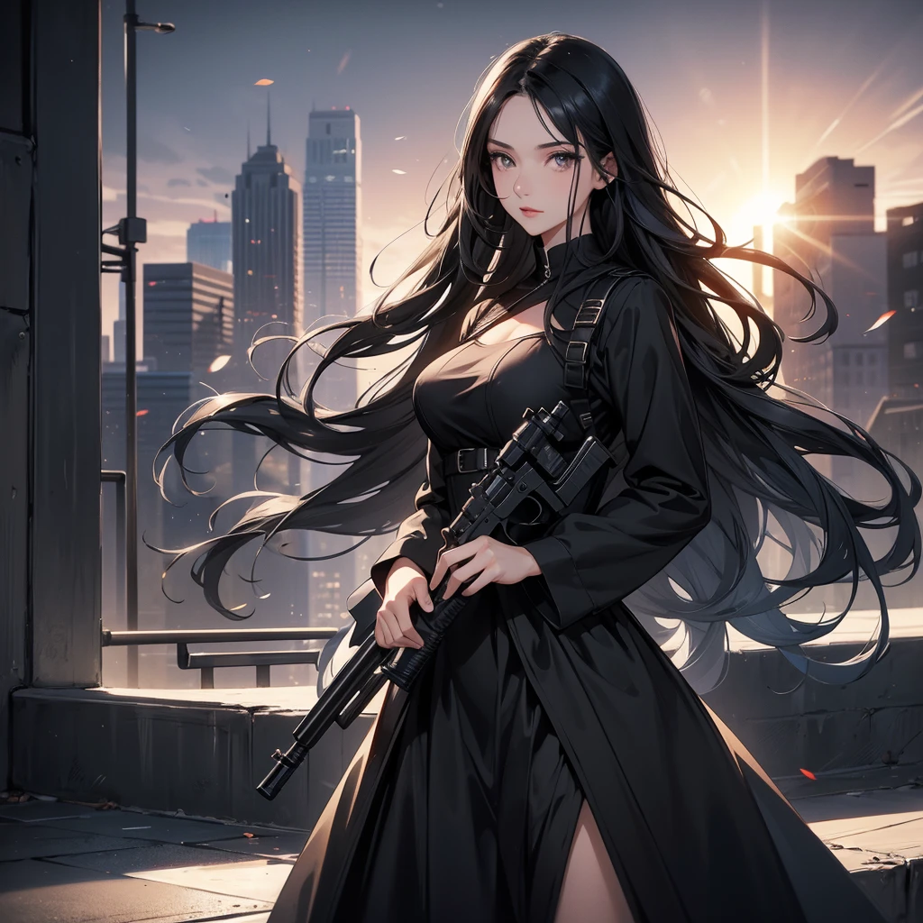 a beautiful woman with long black hair, wearing a tight black and white dress, standing holding a rifle, aiming the barrel at the bad guys, on a tall building, the sun is setting.