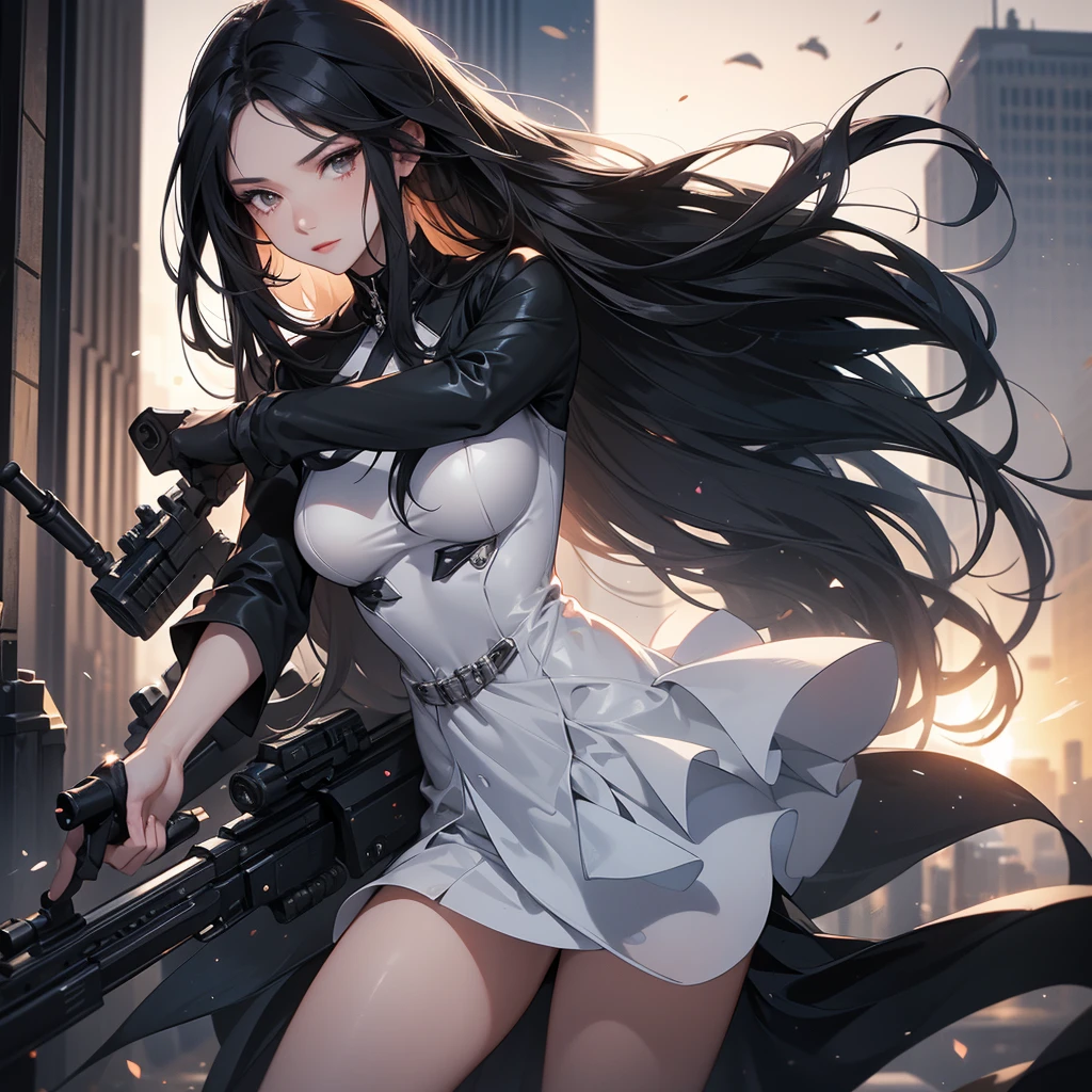 a beautiful woman with long black hair, wearing a tight black dress, standing holding a rifle, aiming the barrel at the bad guys, on a tall building, the sun is setting, close up.