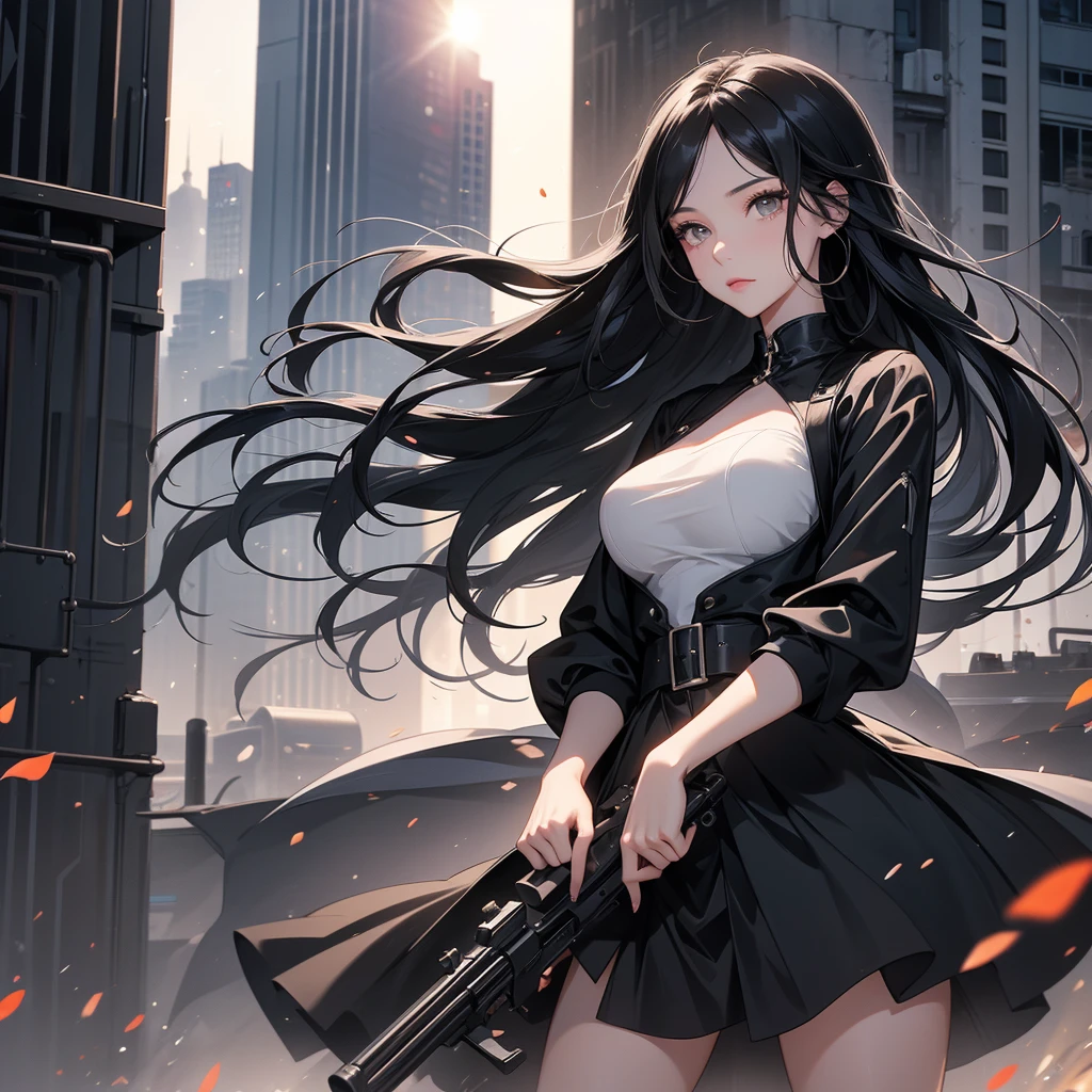 a beautiful woman with long black hair, wearing a tight black and white dress, standing holding a rifle, aiming the barrel at the bad guys, on a tall building, the sun is setting.