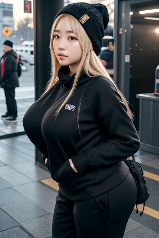 Super-detailed, 8k, Korean girl, 1 girl, 25 years old, long delicate blond hair, perfect figure, busty body, curvy body, large and droopy breast, slender hips, thick thighs, huge round ass, black sweater and sweat pants, black beanie, winter jacket, waiting at the bus station during winter, stand facing the viewer