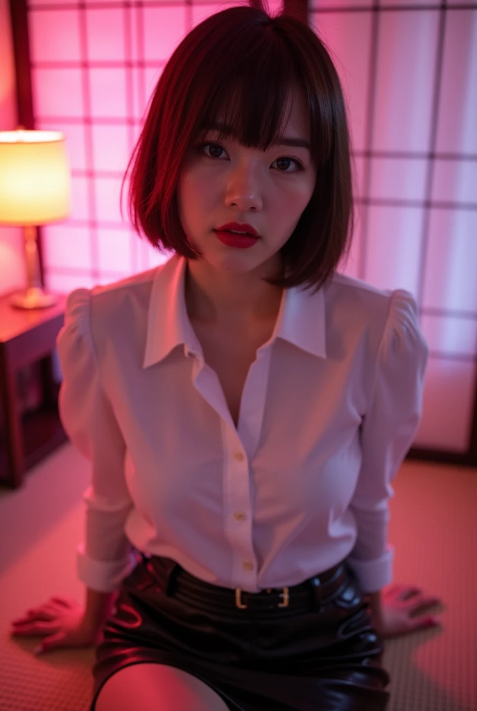 ((Japanese actress))　((Plump and glossy lips))　Big Breasts　((Short brown hair with bangs))　((Looking into the camera))　Sit with your legs apart　((White button-up shirt, Red checked skirt))　、White lace panties、　Looking up from below、A person facing forward is pictured　Looking down　((Illuminated by pink neon lights、A bedroom with shoji screens and tatami mats))　,Nipples、