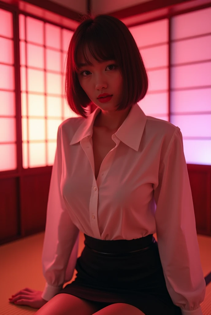 ((Japanese actress))　Mature Woman　((Plump, bright red lips with lipstick))　Big Breasts　((Short brown hair with bangs))　((Looking into the camera))　Sit with your legs apart　((White button shirt and black enamel tight skirt))　　Low-angle shot of a person standing facing forward　look down　((A bedroom with shoji and tatami mats lit up in pink neon lights))　