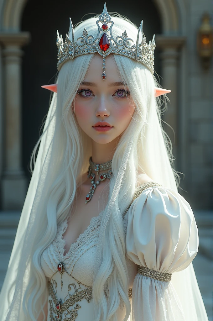 beautiful silver regal forhead crown that dangled a red jewelry on my forhead and a beautiful etheral jeweled long veil over my hair that flowed down my dress and cover my eyes a bit,I was wearing a beautiful White Medieval Dresses Vintage Maxi Length Lace Dresses Beathable Pagoda Sleeve Hollow Out Dress Dressy U Collar Sheath Dresses Fourteenth Century Renaissance Retro Dress and a pair of beautiful white laced heals to match.my skin was pale white like a porcelain doll and mu body was with a hourglass shaped that fit the dress beautifully.my hair was white layered wavy hair that reached my ankles.my eyes were a Mesmerizing light purple with pupils slits like a cat.my eyelashes were long snd droopy with the color white that match my hair