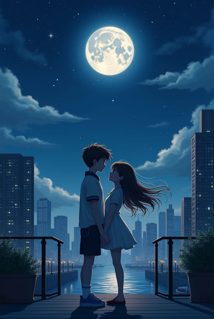 Girl and boy in city rooftop and moonlight with Star and dock