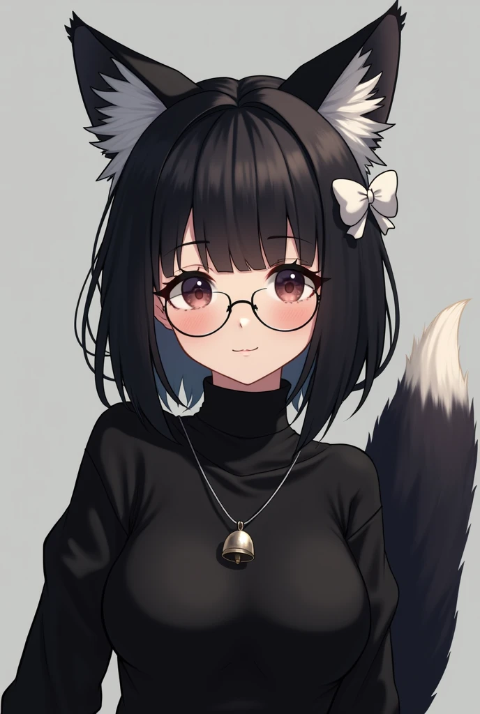 woman has black cat ears with white details inside and appears to have a black fox tail with a white tip. He wears round-framed glasses and has hair with bangs that cover his forehead.. She also has a white hair accessory that looks like a white bow on the right side of her head.. Her outfit includes a black long-sleeved turtleneck sweater and black tights. , adorned a black silver Bell necklace on the neck big tits full body