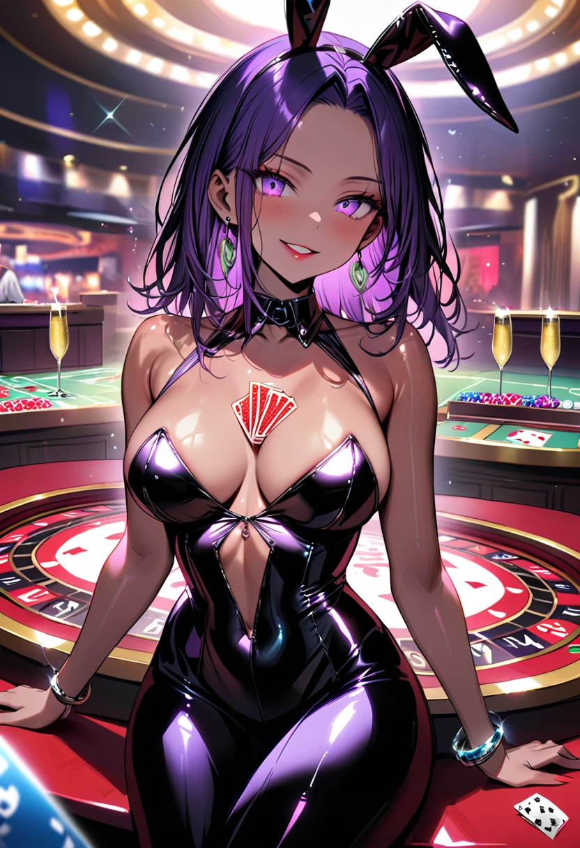 Young beautiful woman,(Highest quality,Extremely detailed depiction,Incredibly absurd high resolution,Anatomically accurate depiction),(Glowing Skin,Shiny skin),(Female dealer holding cards:1.3),(High gloss latex  dress,black tights,Tanned brown skin,Perfect body,Gorgeous earrings,Bracelet),(Wicked Smile,blush,eyelash,Purple Eyes,Eyes half closed:1.3,Glossy red lipstick,There is cleavage in the chest,Large Breasts),background:casino,card table,Champagne