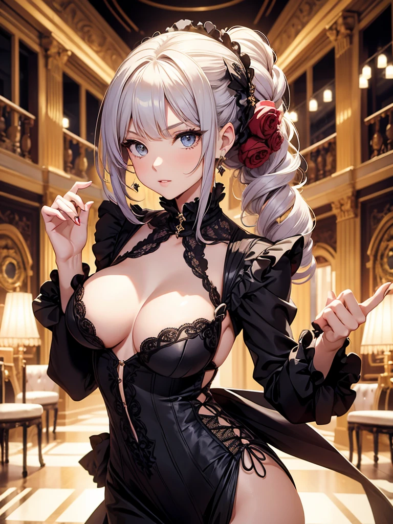 a girl,Random hairstyle,Hair color random,baroque fashion clothing,model,Sexy,((dynamic poses)),Cool background