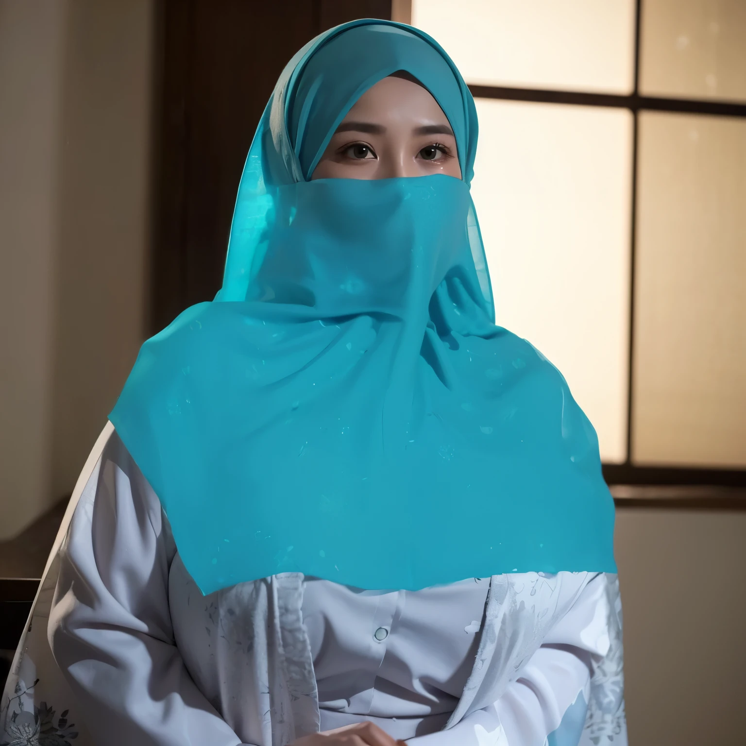 (RAW photo:1.2), (photorealistic:1.4),(masterpiece:1.3),(best quality:1.4),ultra high res,(detailed eyes),(detailed facial features),(detailed clothes features),HDR,8k resolution, skin tight, (((high detailed skin,visible pores))), dreamlike, (ulzzang-6500-v1.1:0.5),pureerosface_v1:0.2, face close-up, 1 girl,tall, 30 yo, gigantic breast, wearing tight close pastel floral silk malay gamis with hijab, full body, smile, Reisa brotoasmoro, wearing high heels