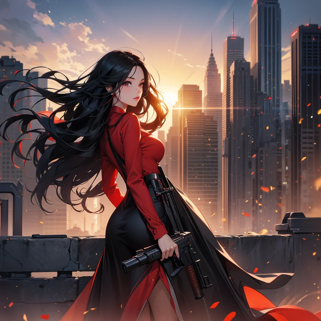 a beautiful woman with long black hair, wearing a tight red dress, standing holding a rifle, aiming the barrel at the bad guys, on a tall building, the sun is setting.