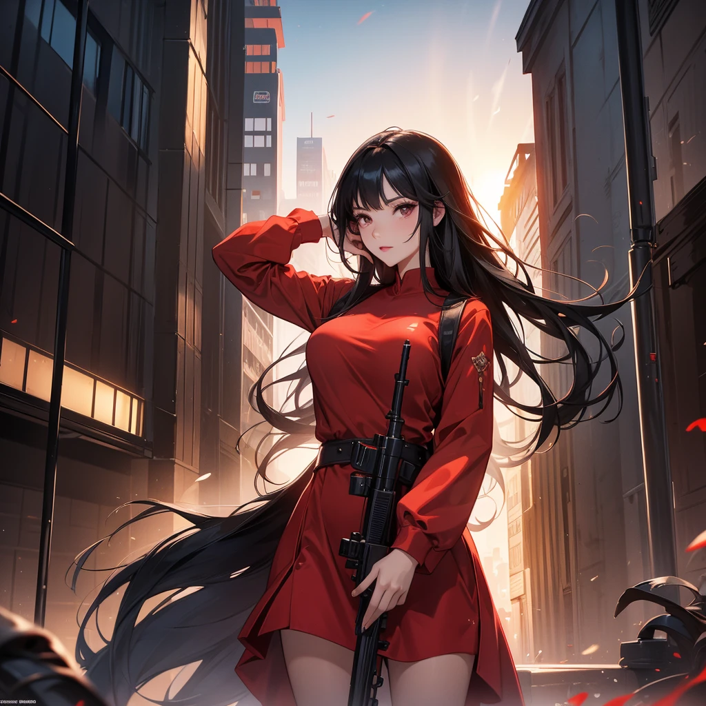a beautiful woman with long black hair, wearing a tight red dress, standing holding a rifle, aiming the barrel at the bad guys, on a tall building, the sun is setting.