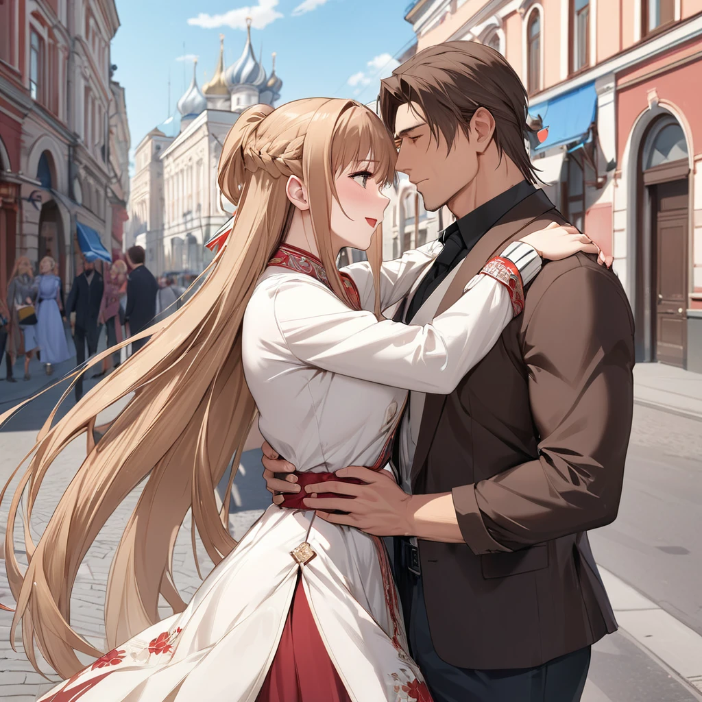 ((Highest quality)), ((masterpiece)), (detailed), （Perfect Face）、The woman is Yuuki Asuna, a Russian with light brown, semi-long hair.、In the streets of Russia, women are beautifully dressed in everyday Russian clothing and luxurious accessories.、The woman is having a fun date with a hunky Russian man.、A man is embracing a woman