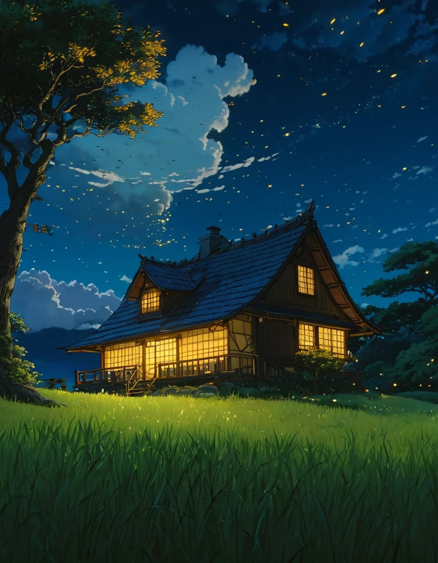 masterpiece!!!! 8k a cabin ANIME GHIBLI STYLE!!!!! The image shows a serene night scene of a house under a tree clouds hill golden clouds lighting anime 8k l fireflies grass night stylo anime ghibli, under tree, you grow a night sky, clouds animated lighting!!!!!! and shadow, firefly golden leaves