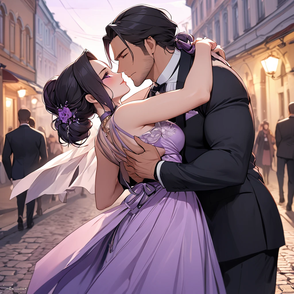 ((Highest quality)), ((masterpiece)), (detailed), （Perfect Face）、The woman is Shinobu Kocho, a Russian with black hair in a purple gradient bob style, tied up in a formal evening hairstyle.、In the streets of Russia, women are beautifully dressed in everyday Russian clothing and luxurious accessories.、The woman is having a fun date with a muscular Russian man.、A man is embracing a woman