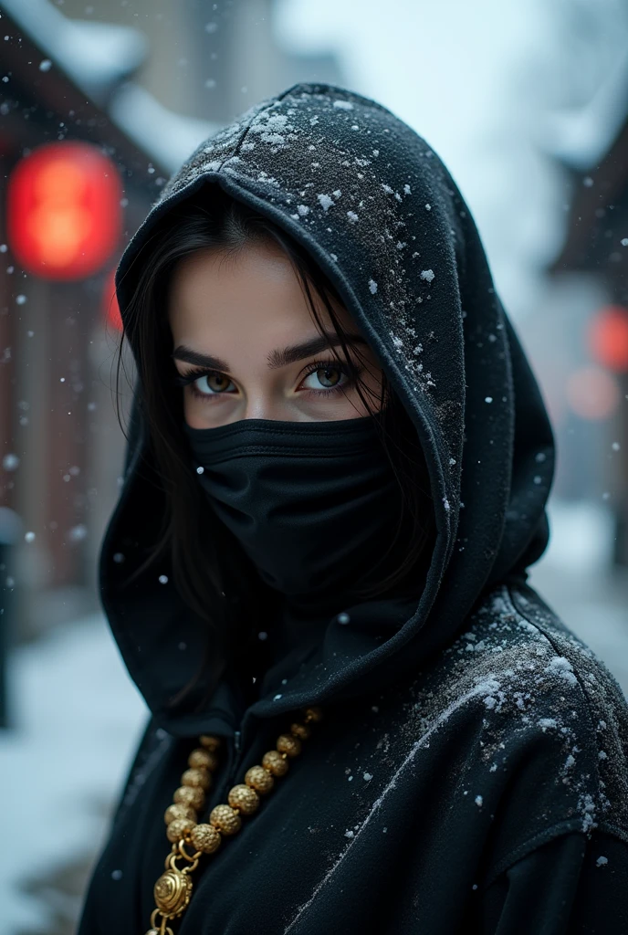 8k wallpaper of a mysterious beautiful masked kunoichi ninja wearing eyeliner and gold jewelry in the streets of a dark snowy town in Russia, 8k photo