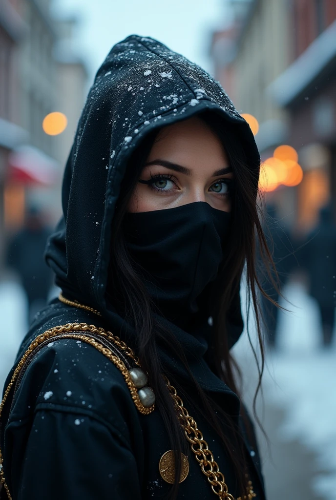 8k wallpaper of a mysterious beautiful masked kunoichi ninja wearing eyeliner and gold jewelry in the streets of a dark snowy town in Russia, 8k photo