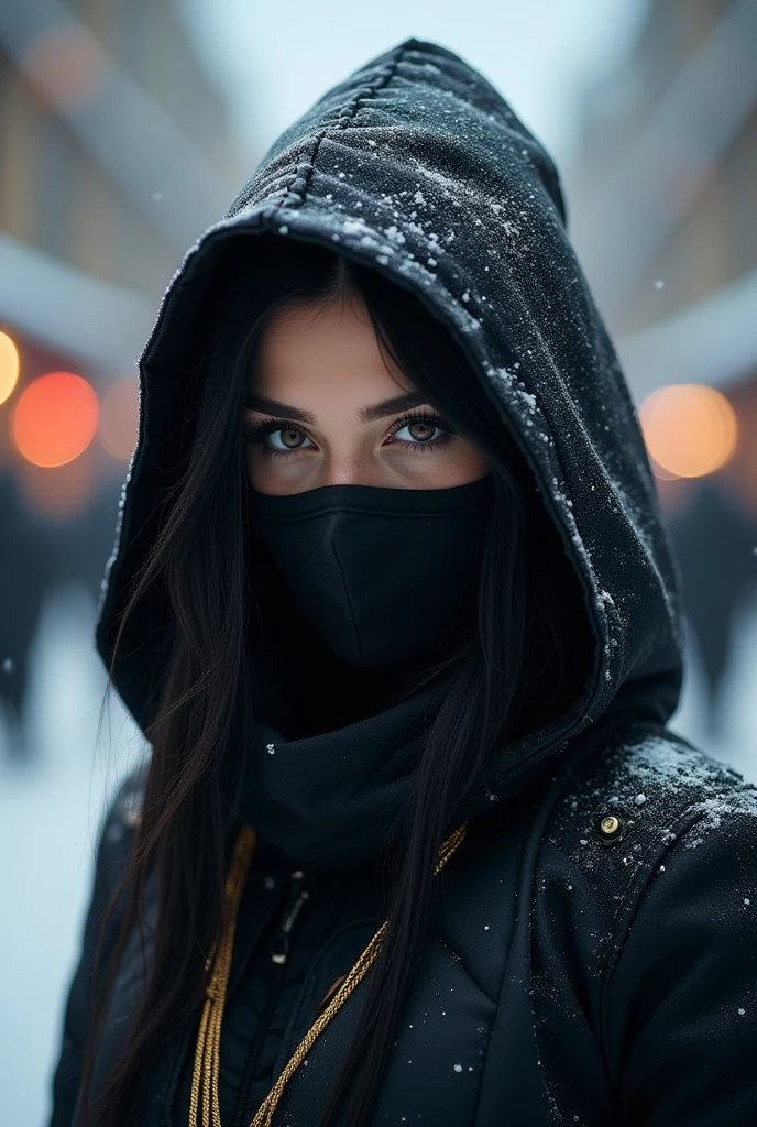 8k wallpaper of a mysterious beautiful masked kunoichi ninja wearing eyeliner and gold jewelry in the streets of a dark snowy town in Russia, 8k photo