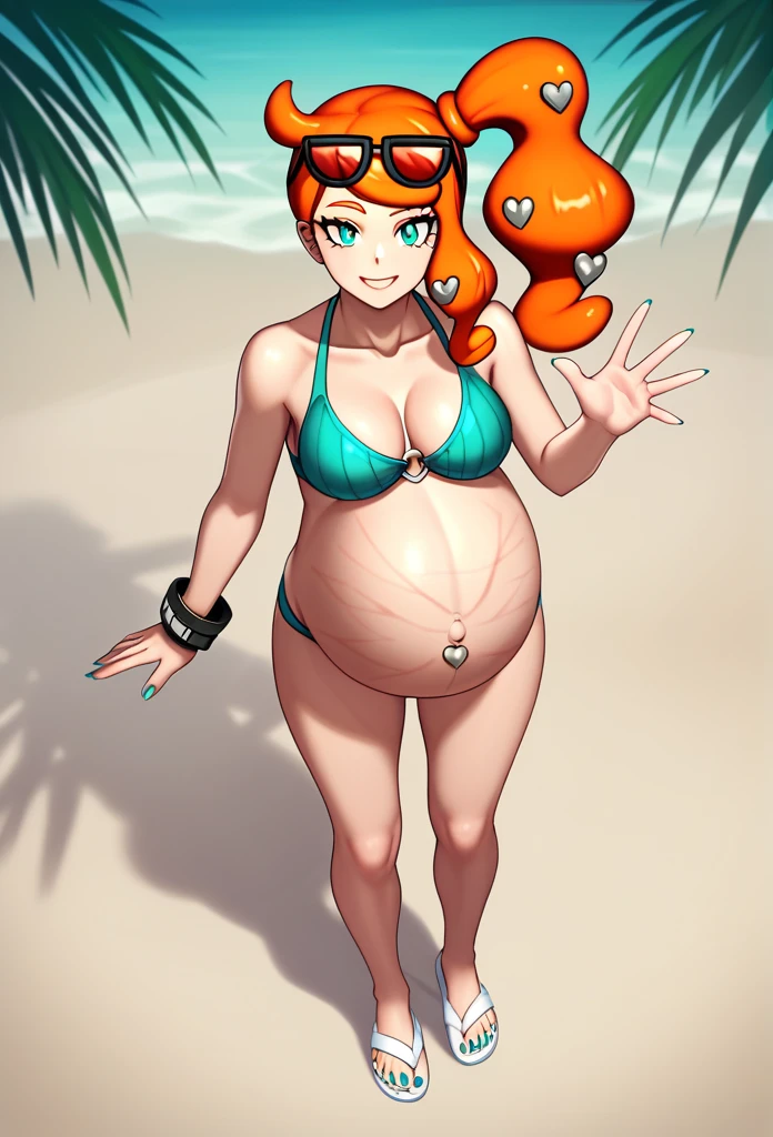 score_9, score_7_up BREAK solo,EPpkSonia,orange hair, side ponytail, aqua eyes, long hair, eyewear on head, sunglasses, heart hair ornament, aqua bikini, pregnant , big belly, Belly button piercing, cleavage, bracelet, collarbone, blue panties, nail polish, aqua nails, aqua toenails, Background beach, Posing, happy, White sandals, Rubbing belly, Stretch marks