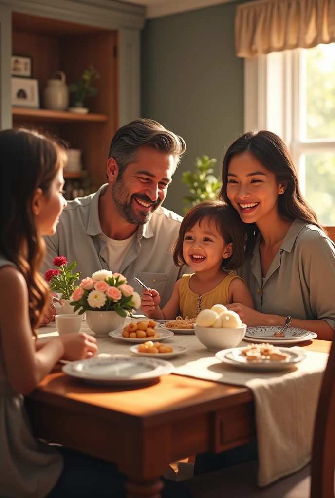 Family eating together at Father's Day table, next to the table there is a box of ice cream. Realistic image in high definition