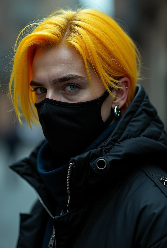 YELLOW HAIR, SENSUAL YOUNG MAN WITH MASK AND BLACK JACKET HYPERREALISTIC DARK