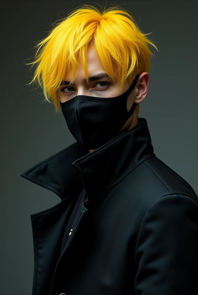 YELLOW HAIR, SENSUAL YOUNG MAN WITH MASK AND BLACK JACKET HYPERREALISTIC DARK