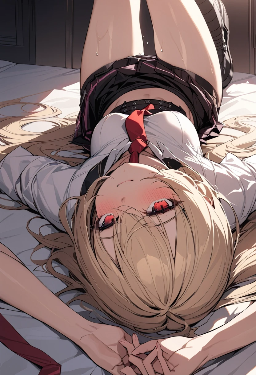 Shiny blond hair, very long hair, sophisticated haircut, ((((hair fully braided)))), ((small twisted braids)), thin and oval face, submissive, (((gagged))), ((((black tight wool crop top)))), ((((tight skirt)))), cute and blushing 18 years old anime girl, look away because she is embarrassed and blushes, bright blue eyes, detailed face, detailed members, detailed arms, detailed hands, ((((sparkling diamond jewelry)))), tiara, ((makeup)), high heels, puffy sleeves, long gloves, long eyelashes, Girl lying, tied by ropes, shackled, can no longer move, tied tightly, very hard tied up with lots of ropes, hampered by so many ropes that she can no longer move, bound hands and feet, ropes tie his whole body, tied extremely tightly and forcefully to her bed by a lot of ropes, its limbs are strongly tied together by ropes, his torso is tied up with thick cords, her chest is so tied up with ropes that it sticks out, her legs are tied tightly with thick ropes, his hands are tied behind his back with ropes, she can no longer move her feet, her hands which are tied by thick ropes, she desperately tries to free herself, likes to be tied tight with big ropes, likes to be immobilized by big ropes, lying down, his hands and feet are strongly tied to the railing of his bed, his legs are pressed together and tied with ropes, its limbs are held vigorously by imposing ropes, her hands are tied securely behind her back by ropes, her chest is compressed by strong ropes, she is pressed against her bed and restrained by large ropes (shibari, arms behind the back:1.4), (hands on the back), (masterpiece, best quality) 1.5, 1girl, solo, (sexy, beautiful woman, perfect face, perfect eyes, perfect hands), samus aran, (shibari, arms behind the back:1.4), (hands on the back), Spread the legs, s' ((lie in bed by big ropes)), ((close up of the girl)), ((((lie in bed))))