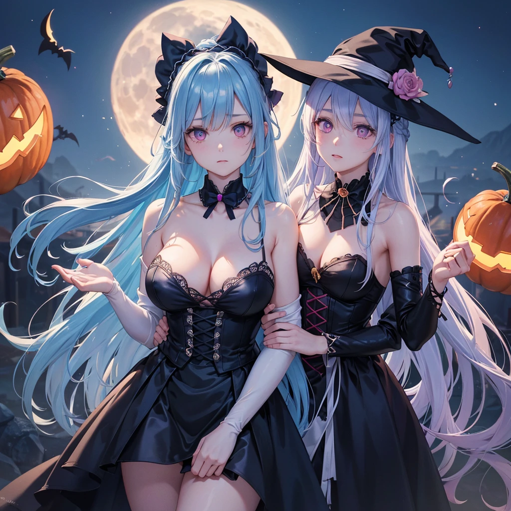 (Sky Blue Hair),(Braided medium hair), (Pink Eyes),Fair skin) ,(whole body),(One Girl),(Crescent Moon),(There are many pumpkin ghosts in the background),(Trick or Treat),Halloween Night Party),(masterpiece, Highest quality, Very detailed, Best Shadow), (Detailed Background), (Beautifully detailed face), High Contrast, (Best lighting, Very delicate and beautiful), ((Cinematic Light)), Hyper Detail,8k, Dramatic Light, Intricate details,Witch's Clothes,Magic broom,night,Flying bats in the sky,
