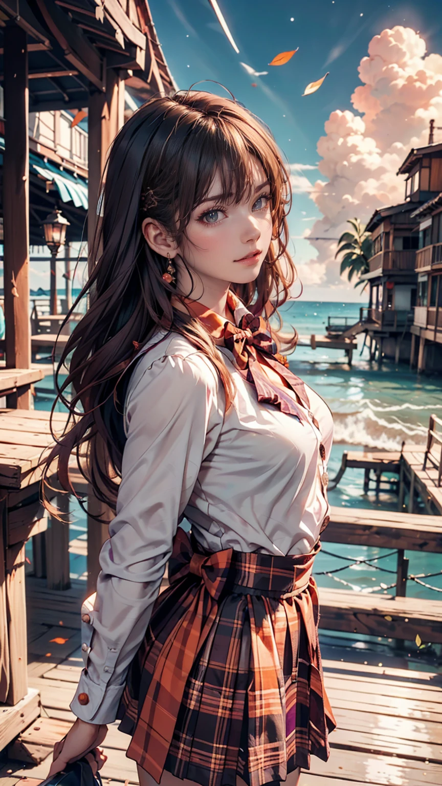(One girl, size), (guitar alone), bubble skirt, aqua shirt, bow, bowtie, button, collared shirt, Expressionless, Eyebrows hidden by hair, fox mask, Cowboy Shot, Long Hair, Long sleeve, mask, multicolored button, Pink Eyes, Pink Hair, orange skirt, Plaid, Plaid shirt, purple bow, purple bowtie, shirt, skirt, alone, very Long Hair, Ocean, Ocean, Beach, cloudy, sunlight, evening, moon, cloud, null, Outdoor, cloudy null, leaf, Remains, Sunbeam, Post-apocalyptic, Side view