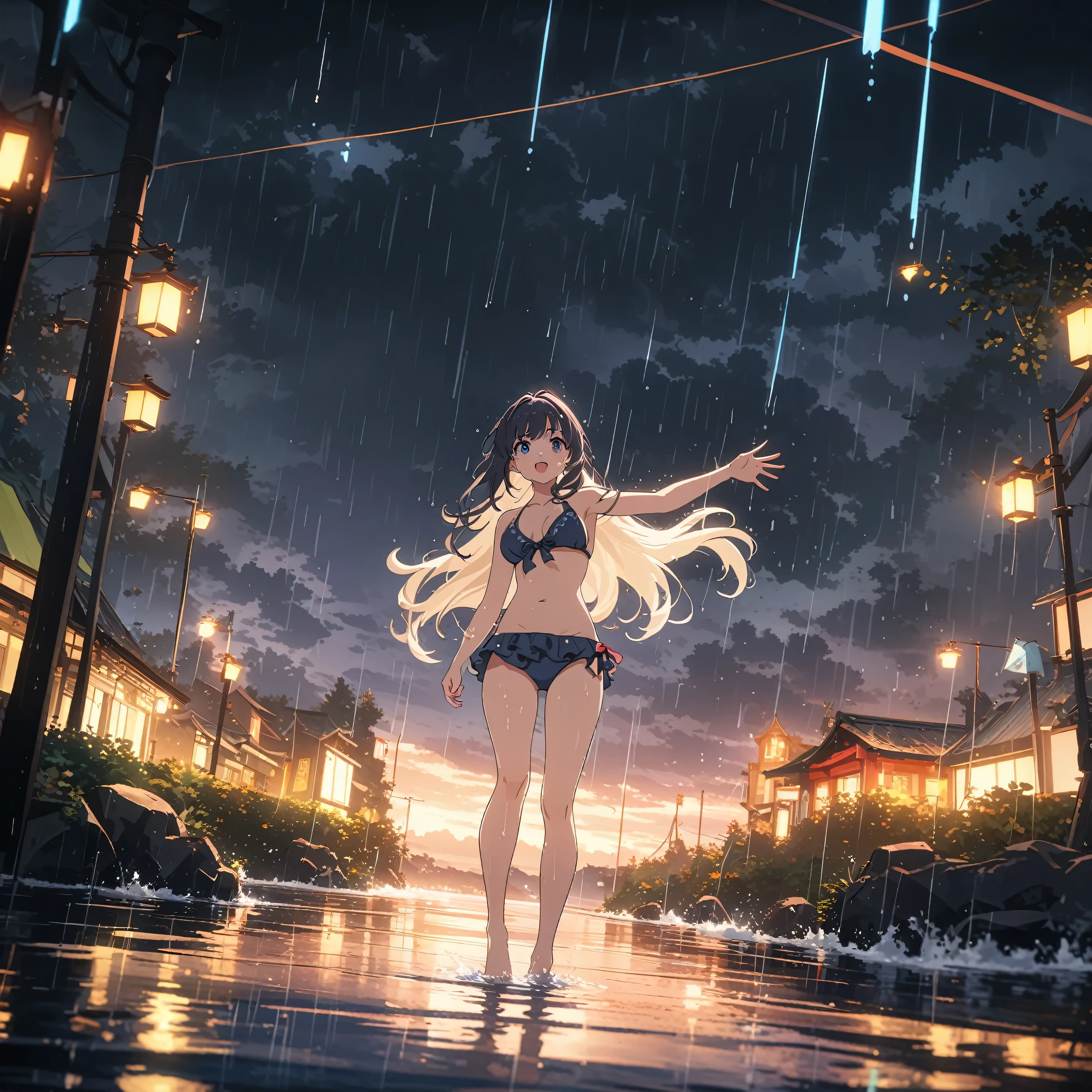 Bikini animated girl standing in the rain at night,Plump breasts, Anime girl walking on water, Anime style 4K, anime art wallpaper 8k, Anime Art Wallpaper 4k, 4k anime wallpaper, Anime Art Wallpaper 4k, Beautiful anime scene, guweiz style artwork, anime wallpaper 4k, anime wallpaper 4k, rain!, Beautiful anime art work,Red bikini