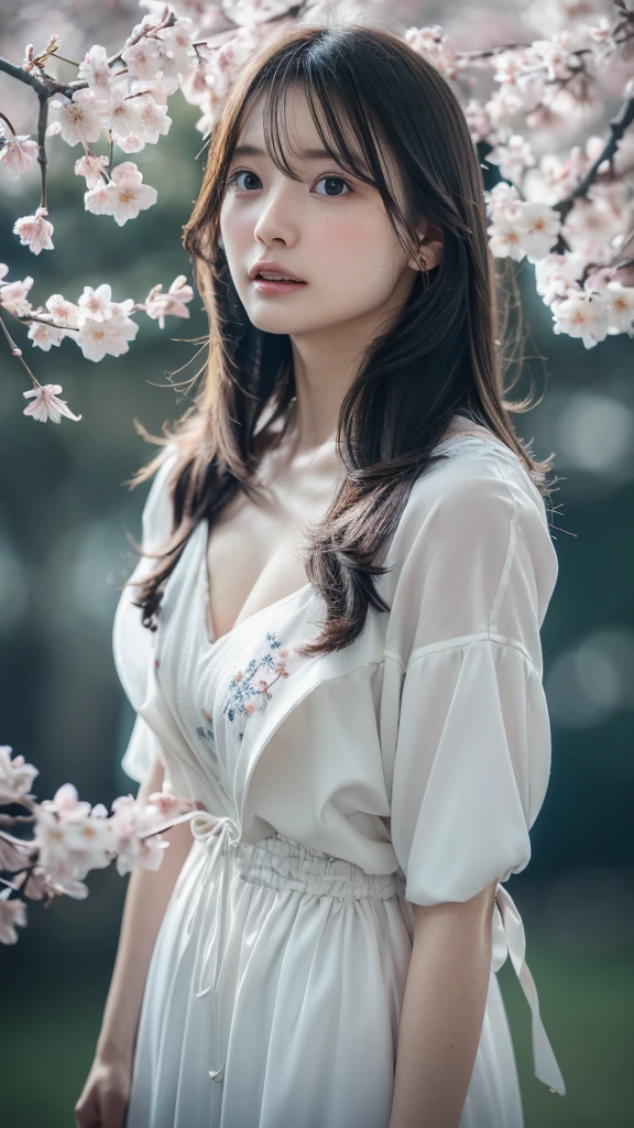 (A logo、​masterpiece、8K、masutepiece、Raw photo、Fantastic、Best Quality、8K wallpaper that integrates photorealistic and high-definition CG、hightquality、ighly detailed、epic poem、Particle effect、Dynamic effects、depth of fields、Cinematic Light、Lens Flare、Ray tracing)、Fantasia、 (Beauty 1 person、White Japanese Clothing、Japanese dress、White cherry blossom pattern、White cherry blossom embroidery pattern、A dark-haired、Beautiful face、Real Face、beautiful details eyes beautiful skin)、Hair flutters in the wind、Hair jumps、Pink cherry blossom tree、Petals flutter、Sakura blizzard、Superb view、morning glow、Sun in the background、the wind、Deities、tusk、myth、Vast Land、