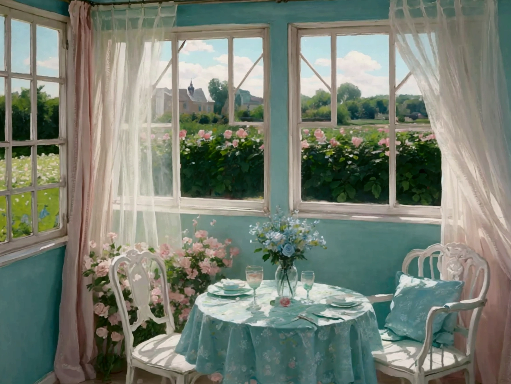 pastel colour　Blue green　room　Rose garden outside the window　cute　　race　curtain　