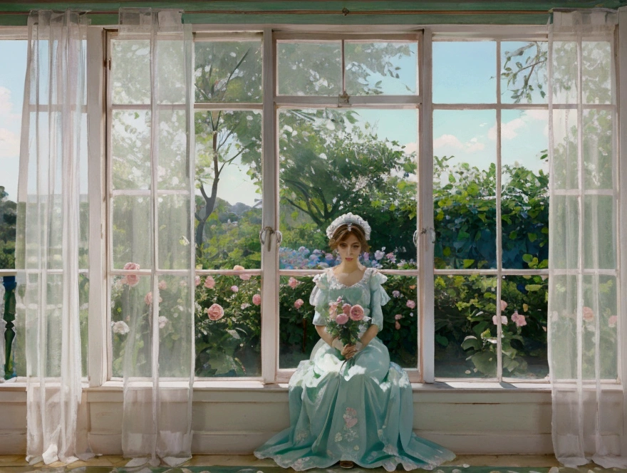 pastel colour Blue green room Rose garden outside the window cute race curtain