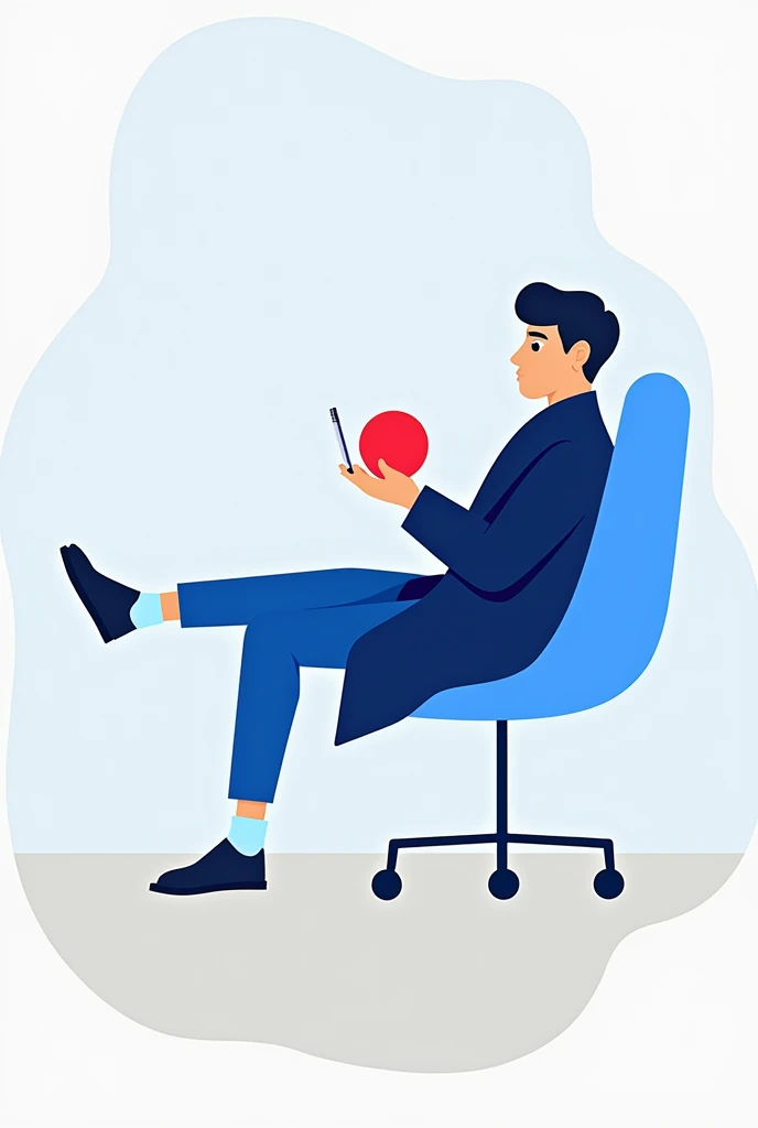 20 + age Cut to blue chair sitting on right leg left leg blue coat white pen
The right hand holds a red ball