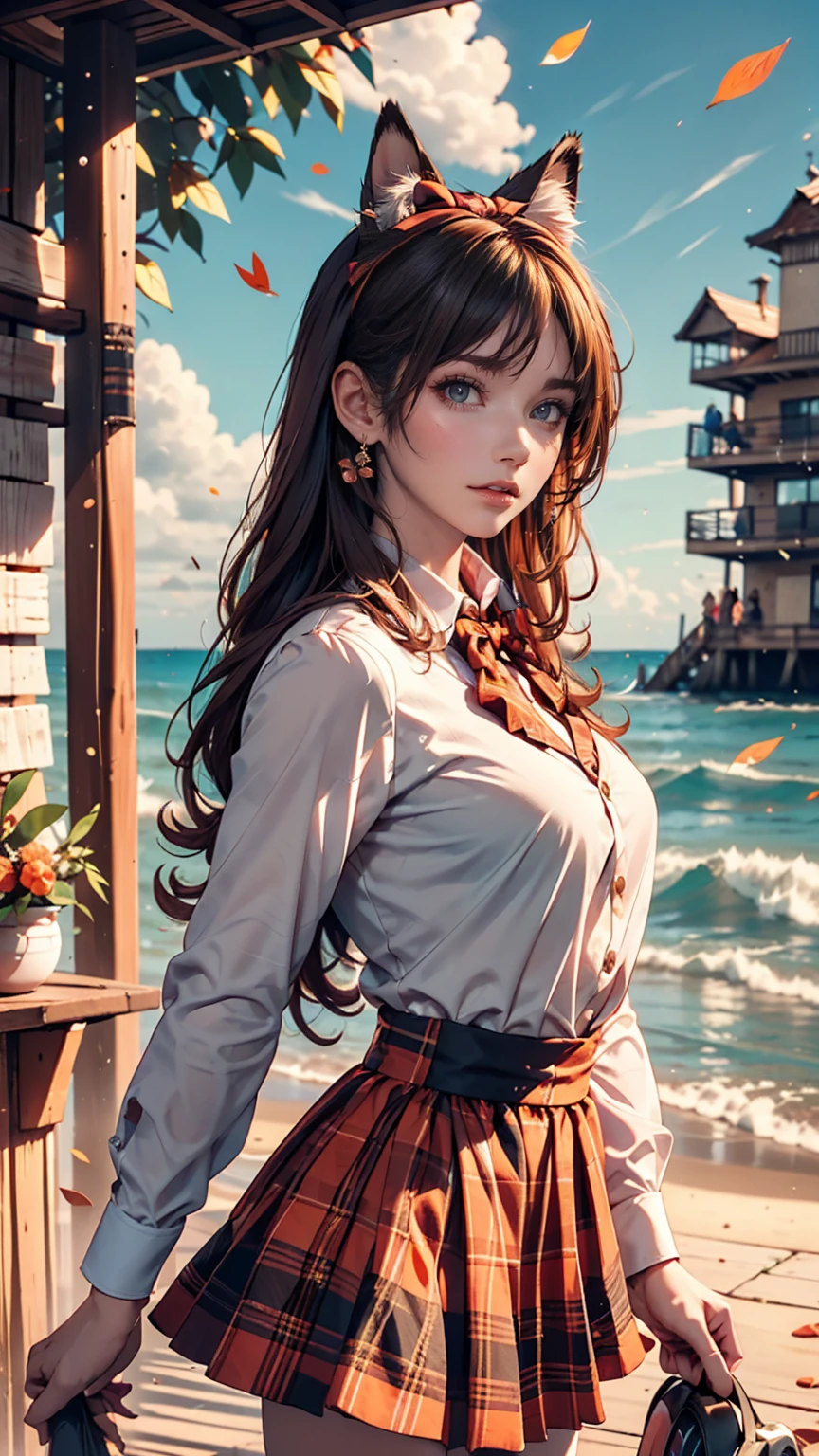 (One girl, size), (guitar alone), bubble skirt, aqua shirt, bow, bowtie, button, collared shirt, Expressionless, Eyebrows hidden by hair, fox mask, Cowboy Shot, Long Hair, Long sleeve, mask, multicolored button, Pink Eyes, Pink Hair, orange skirt, Plaid, Plaid shirt, purple bow, purple bowtie, shirt, skirt, alone, very Long Hair, Ocean, Ocean, Beach, cloudy, sunlight, evening, moon, cloud, null, Outdoor, cloudy null, leaf, Remains, Sunbeam, Post-apocalyptic, Side view