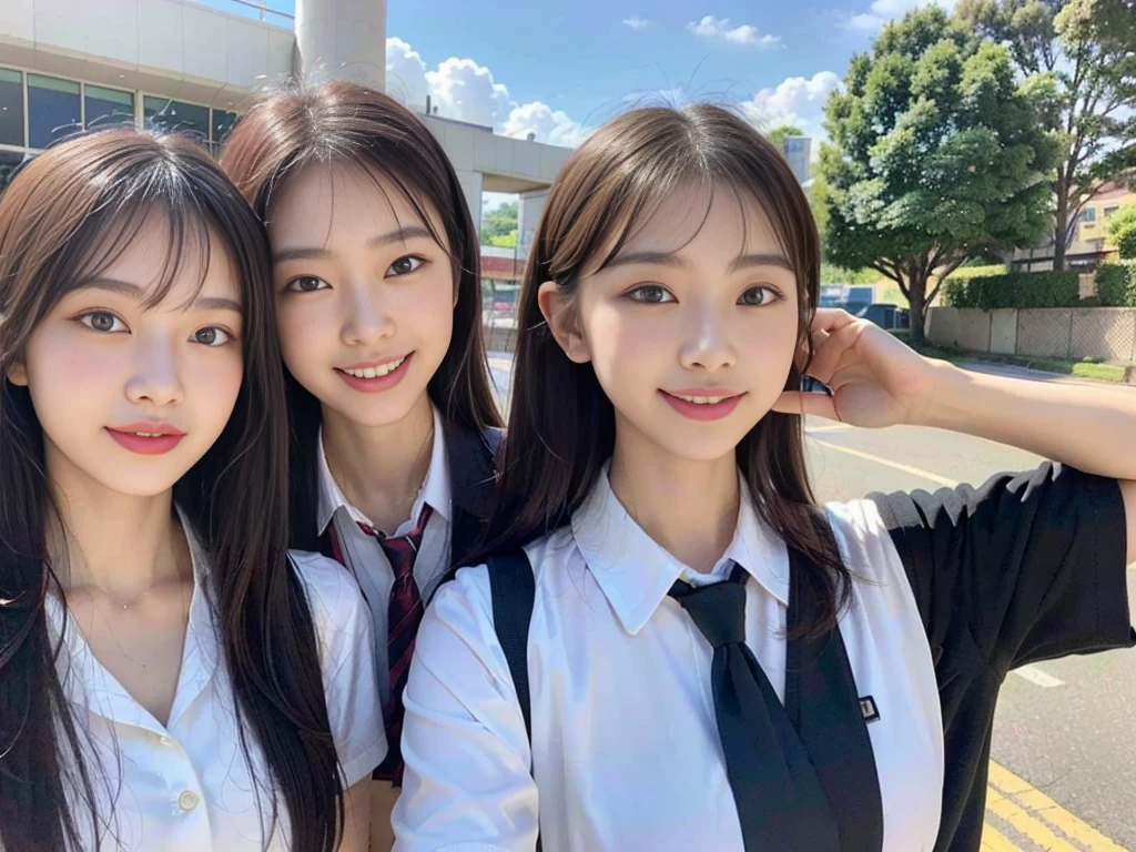 (A super cute Korean schoolgirl takes a commemorative photo while walking with her beautiful best friend:1.2)(laughing:1.2)(Beautiful Sweat:1.1)(16K, RAW Photos, Highest quality, masterpiece: 1.2),(Her shiny, beautiful black hair in a bun sways softly in the wind.:1.1) Super detailed, Super Resolution, (Genuine, Genuine photos: 1.37), Portraiture, High-resolution RAW color photos, Professional photos, Very detailed, 8k wallpaper, Very detailed CG Unity 8k wallpaper, Very detailed beautiful girls, Very detailed faces, ((whole body)), beautiful woman, Huge breasts,(huge boobs:1.1) (Big Boobs:1.1), beautiful schoolgirl (See-through school uniform,School-designated summer short-sleeved shirt＆Red tie and shirt uniform),high school girl, Korean Girls,(K-POP Female Idols), (Idol-class beauty)(Beautiful high school girl:1.1)(Clear Sky Waterfall)(()(Date:1.2)(Group photo)Headband(NSFW:1.1)(trio)