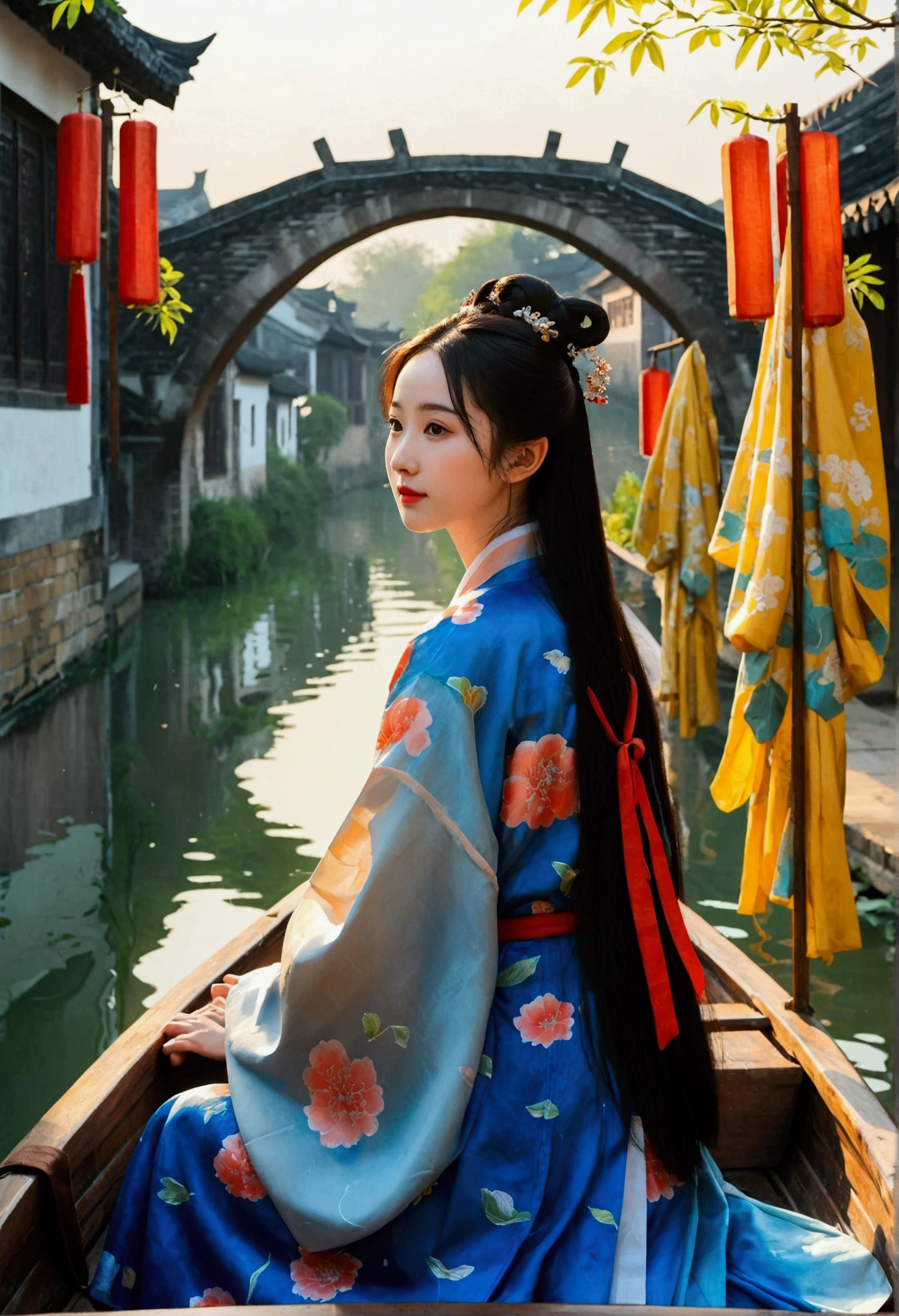 Minimalism平面插画，Jiangnan countryside in summer，Beautiful modern Wuzhen，Beautiful long-haired girl sitting in a boat，Wearing modern Hanfu，Behind is a crowded stone bridge，Super happy，joy，The skyline in the distance，A fusion of ancient and modern，Bustling tourist crowd，Full of poetry，Clean background，Dynamic，Hazy feeling，Layering，Has a stunning visual effect，Fascinating lighting，Bright and vivid colors，Chiaroscuro，Wu Guanzhong Style，Flat，Minimalism，high quality，High Detail，High Definition，masterpiece，masterpiece