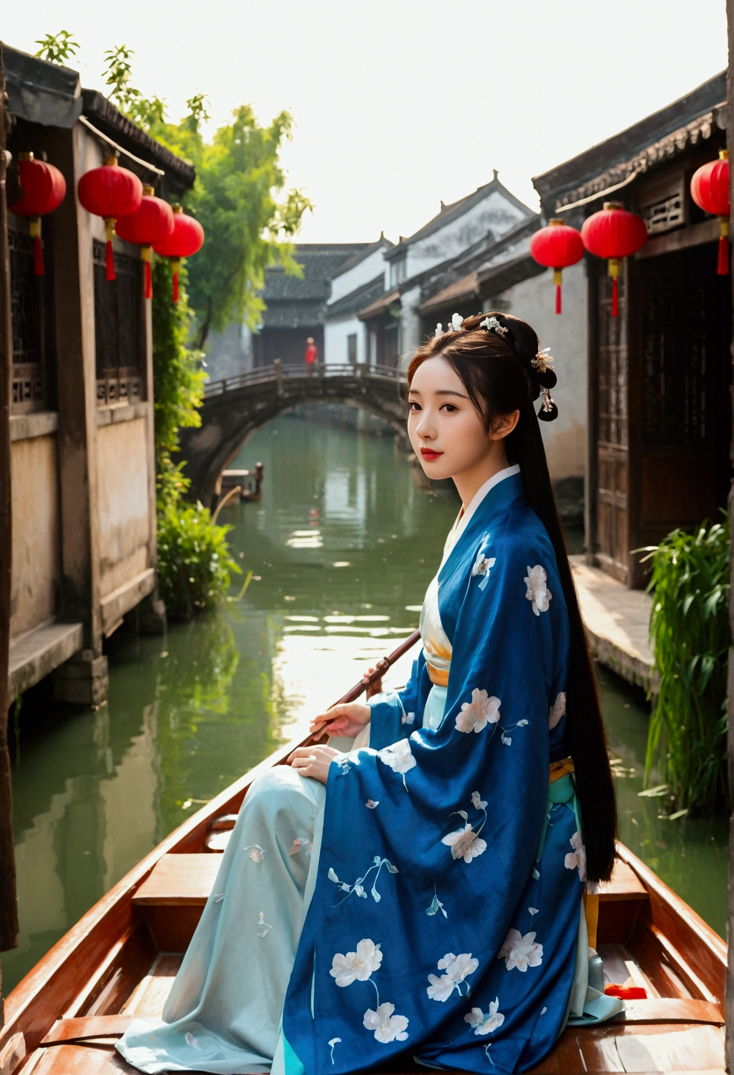 Minimalism平面插画,Jiangnan countryside in summer,Beautiful modern Wuzhen,Beautiful long-haired girl sitting in a boat,Wearing modern Hanfu,Behind is a crowded stone bridge,Super happy,joy,The skyline in the distance,A fusion of ancient and modern,Bustling tourist crowd,Full of poetry,Clean background,Dynamic,Hazy feeling,Layering,Has a stunning visual effect,Fascinating lighting,Bright and vivid colors,Chiaroscuro,Wu Guanzhong Style,Flat,Minimalism,high quality,High Detail,High Definition,masterpiece,masterpiece