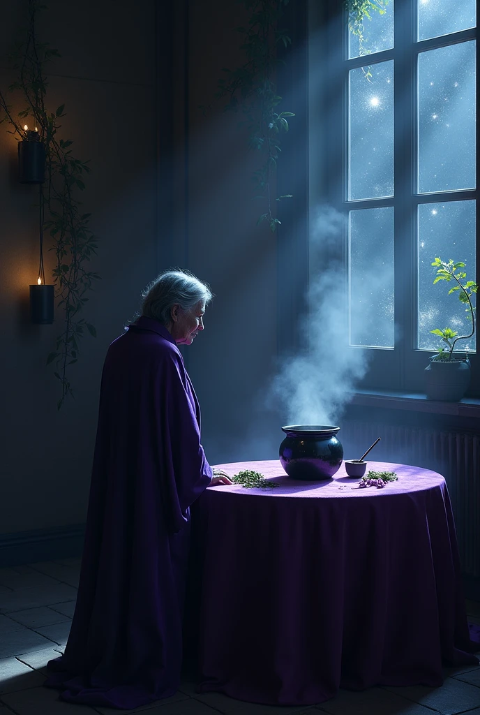 A 60 year old lady, female magician, facing a round table, wearing a purple blanket that covered her head to her ankles. There is a cauldron on the table, a wand and loose herbs. In the background there are potted plants hanging on the left side and on the right side there is a window shining the night sky full of stars.